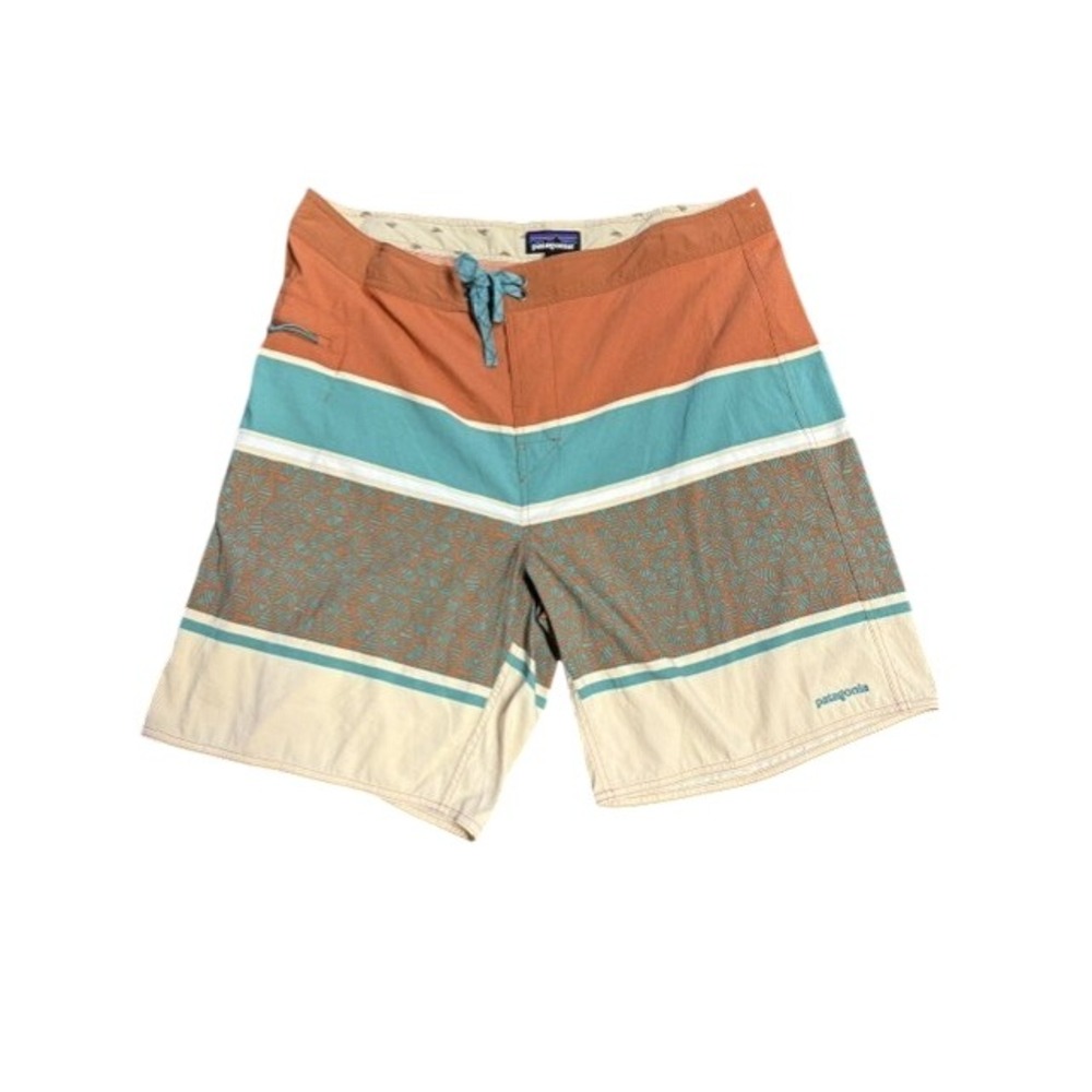 Patagonia Mens Multi Color Striped Board Shorts Size 38 Orange Teal Tan